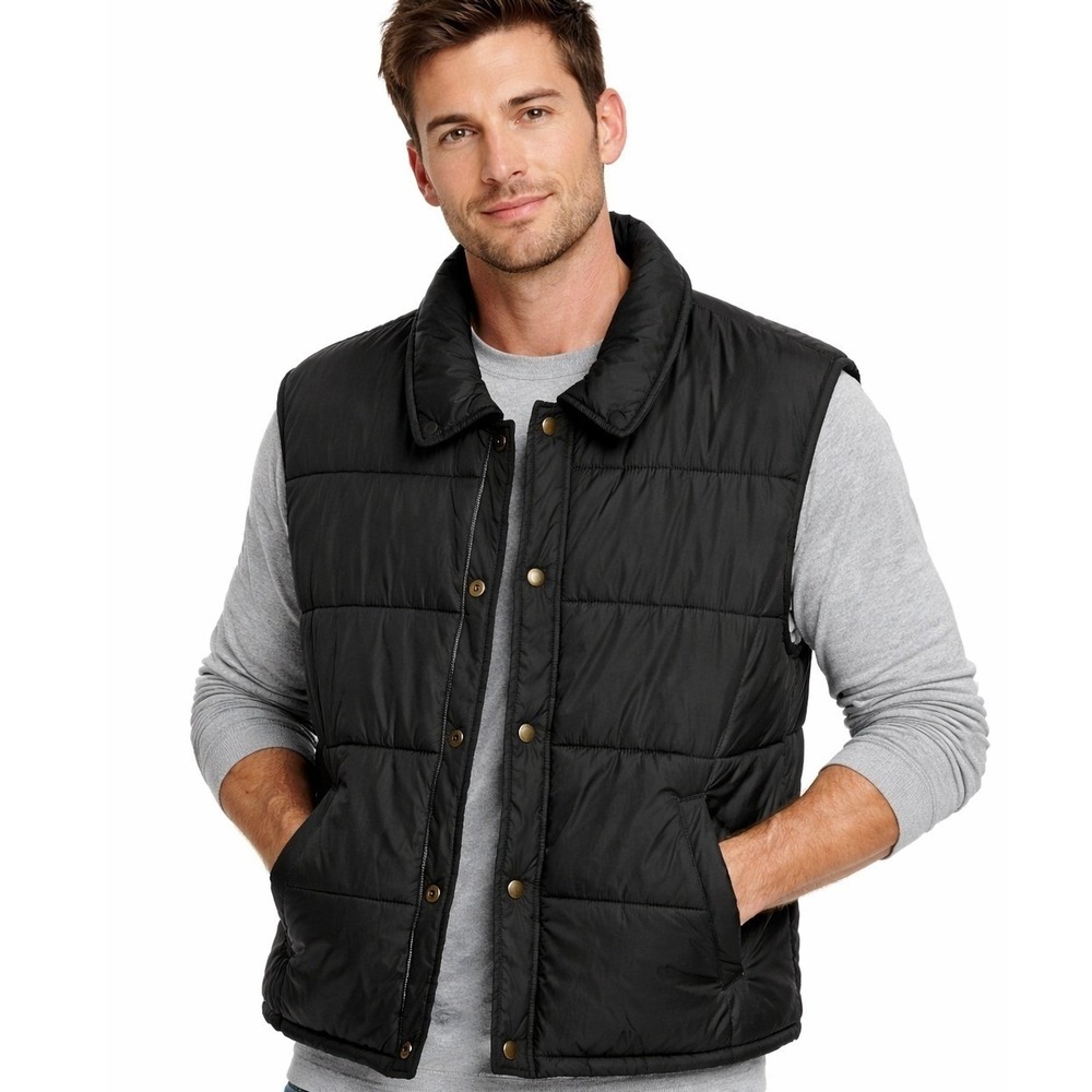 Basic Editions Puffer Vest Mens Large Black Ripstop Quilted Snap‎ Button Outdoor